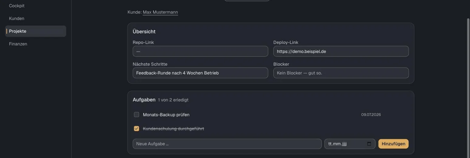 Betriebs-Tool: Projektansicht mit Aufgaben-Checkliste der Betreuung